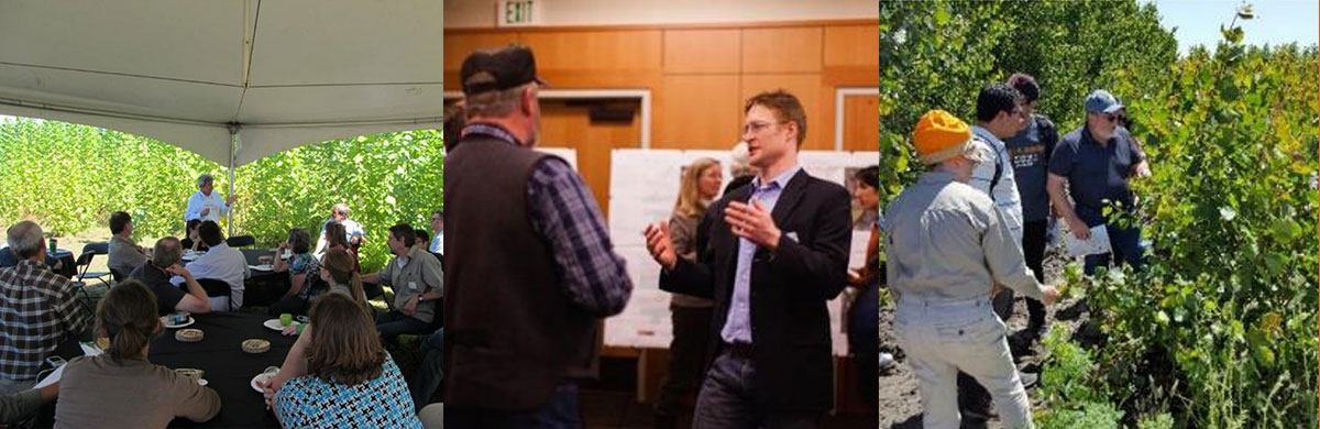 A man speaks to a group of people in an outdoor tent, two men talking at a poster session open house, and people participate in a field trip to view biomass feedstocks.