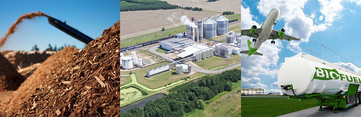 Woody biomass coming out of a chipper, an aerial view of an ethanol biorefinery, and an airplane taking off from the airport and flying over a tanker of biofuel.