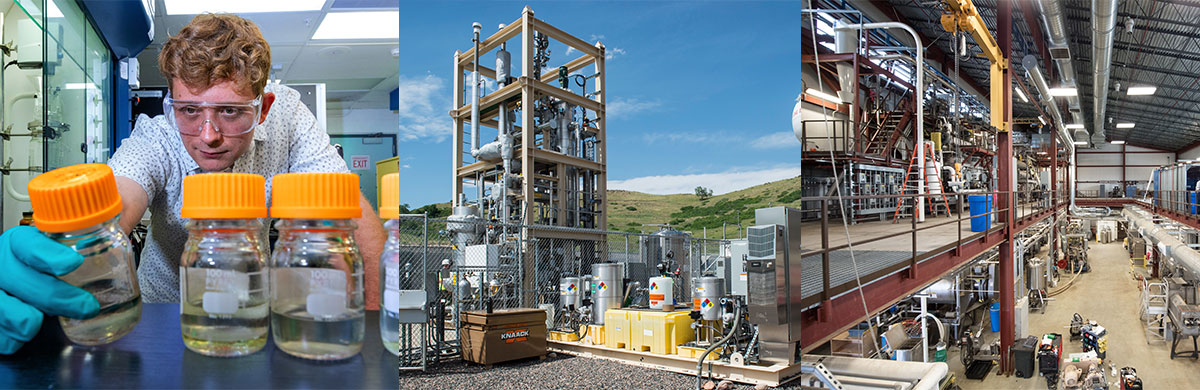 A scientist looks at three bottles of clear fuel in the lab, an outdoor bioreactor that converts carbon dioxide and water into methane, water, and heat , and a biochemical conversion pilot plant.