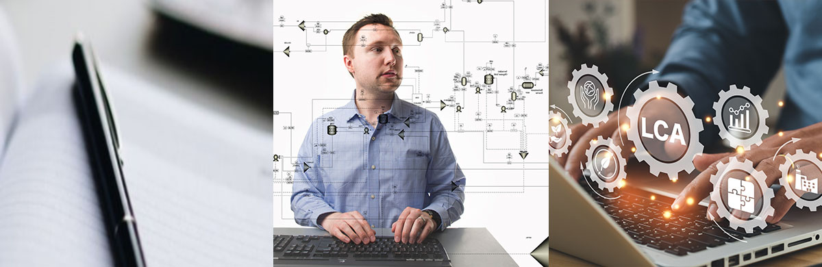 A writing pen sits on top of lined paper, a researcher studies a process flow diagram on a screen, and hands at a laptop computer with analysis and LCA gear icons superimposed.