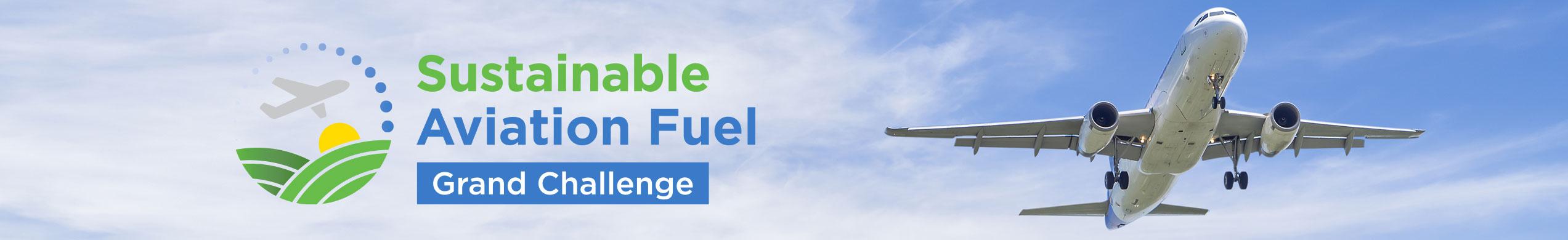 An airplane taking off in the sky with the Sustainable Aviation Fuel Grand Challenge logo in the background.